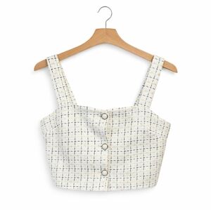 Calypso White Textured Tweed Woven Grid Chic Cropped Halter Top Sz Lg